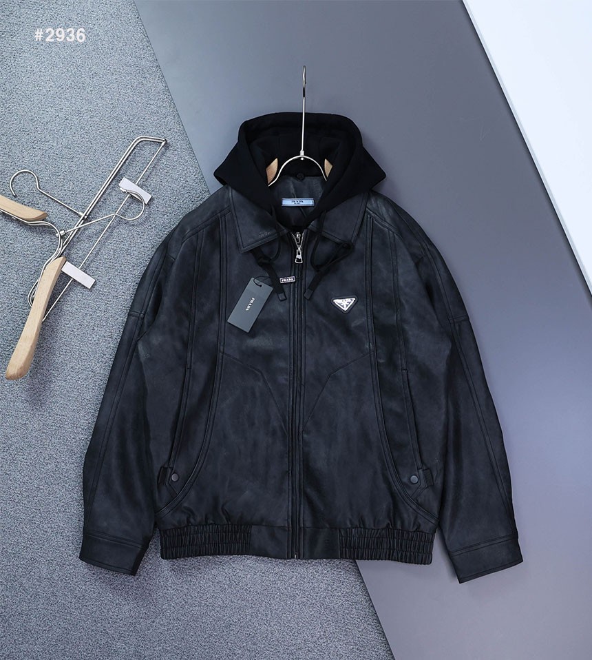 [PRADA] 프라다 삼각로고 기모 하이브리드 후드 레더 융기모 자켓