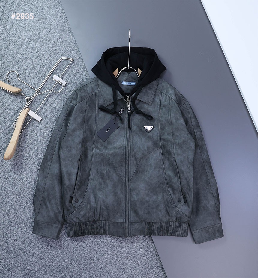 [PRADA]  프라다 삼각로고 기모 하이브리드 후드 레더 융기모 자켓