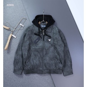 [PRADA]  프라다 삼각로고 기모 하이브리드 후드 레더 융기모 자켓