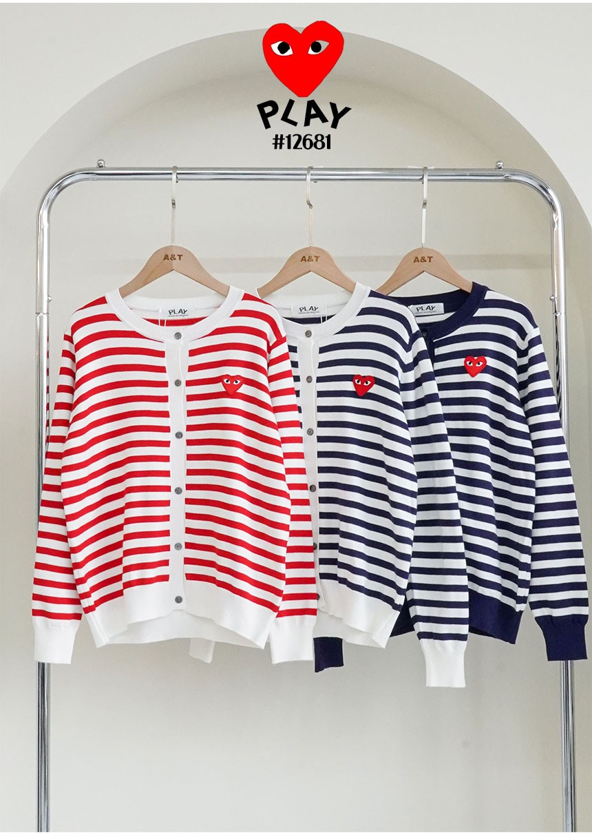 [Comme des Garcons] 꼼데가르송 여성 레드 하트 로고 스트라이프 라운드 니트 가디건