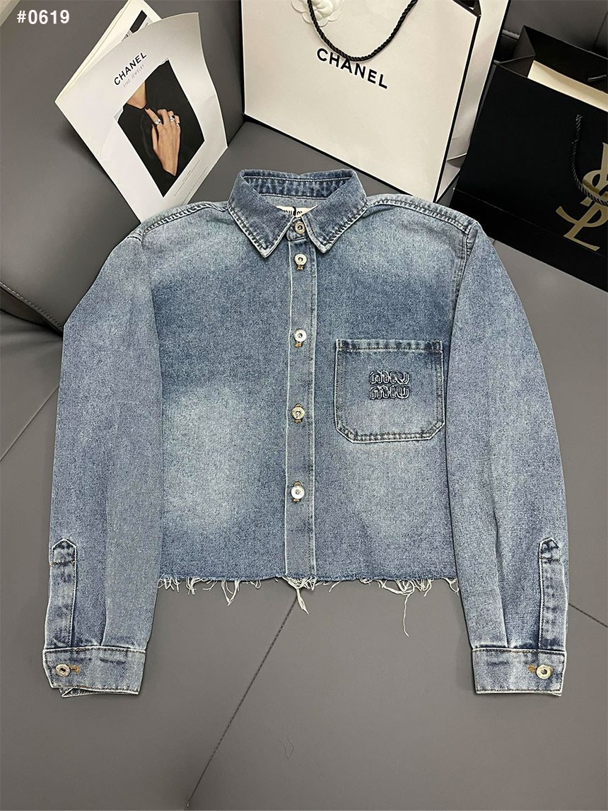 [MIUMIU] 미우미우 백 핑크로고 데님 자켓 청자켓