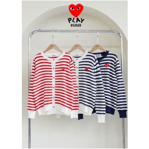 [Comme des Garcons] 꼼데가르송 여성 레드 하트 로고 스트라이프 라운드 니트 가디건
