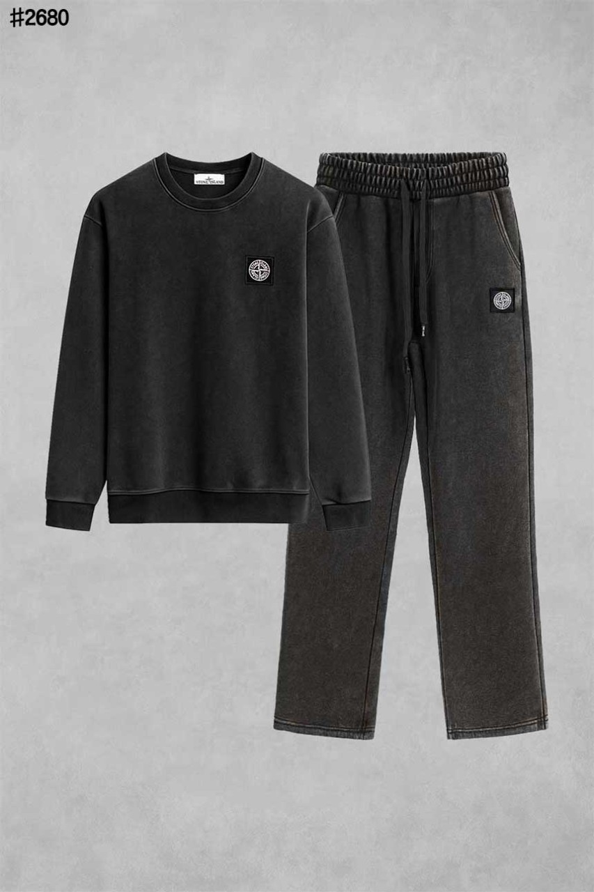 [STONE ISLAND] 스톤아일랜드 블랙 패치 가먼트다잉 맨투맨 티셔츠  & 가먼트다잉 테리 팬츠 셋