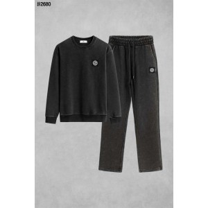 [STONE ISLAND] 스톤아일랜드 블랙 패치 가먼트다잉 맨투맨 티셔츠  & 가먼트다잉 테리 팬츠 셋