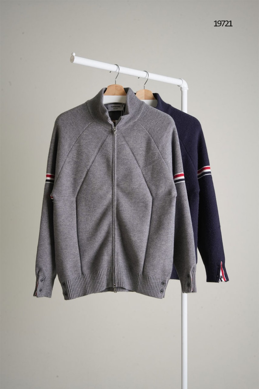 [THOM BROWNE] 톰브라운 코튼 삼선라인 케이블 니트 풀집업 자켓