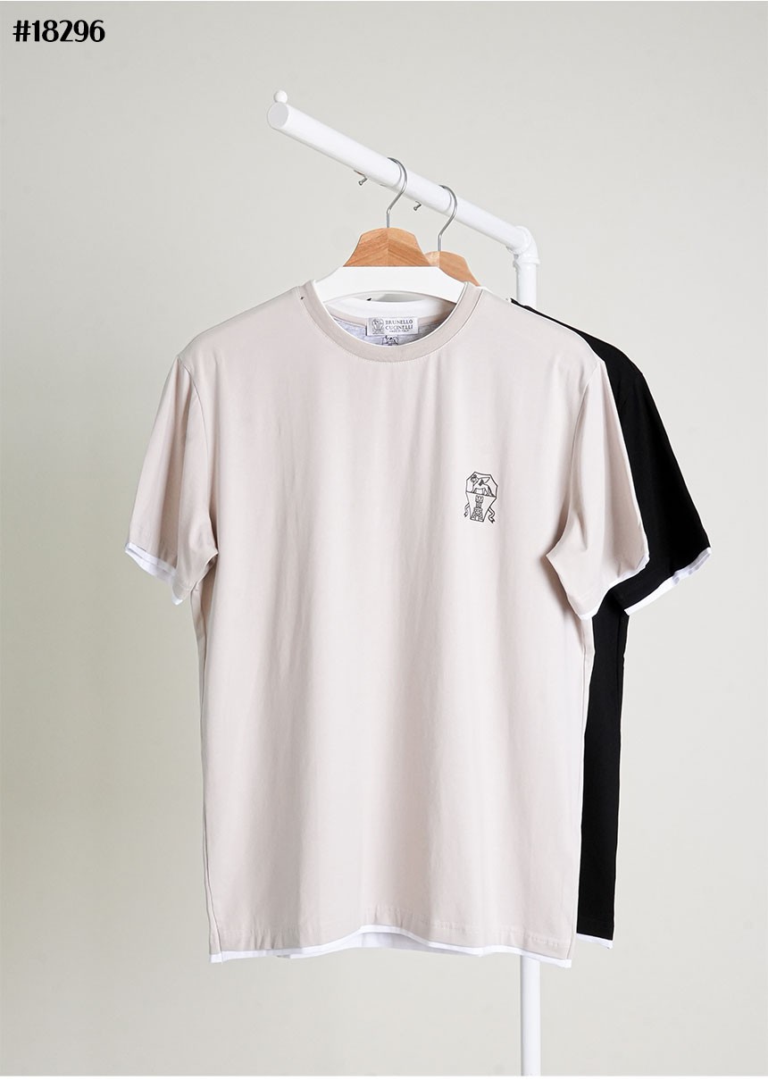 [BRUNELLO CUCINELLI] 브루넬로 쿠치넬리 시그니처 로고 패치 레이어드 숏 슬리브 코튼 티셔츠