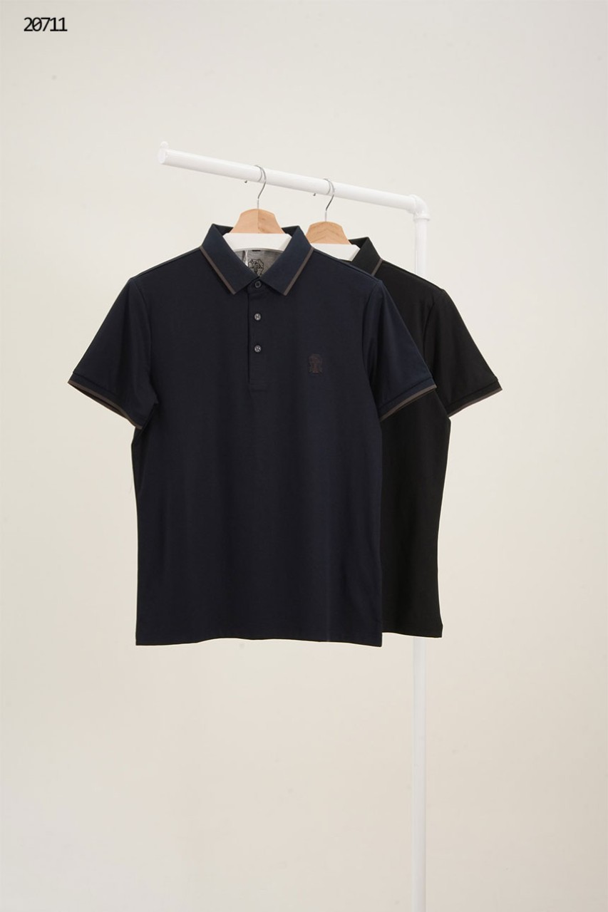 [BRUNELLO CUCINELLI] 브루넬로 쿠치넬리 시그니처 자수 포인트 브라운 라인 폴로 셔츠