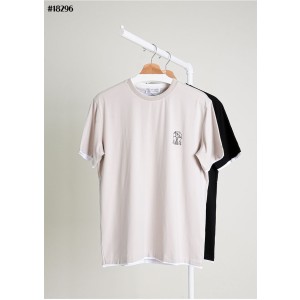 [BRUNELLO CUCINELLI] 브루넬로 쿠치넬리 시그니처 로고 패치 레이어드 숏 슬리브 코튼 티셔츠