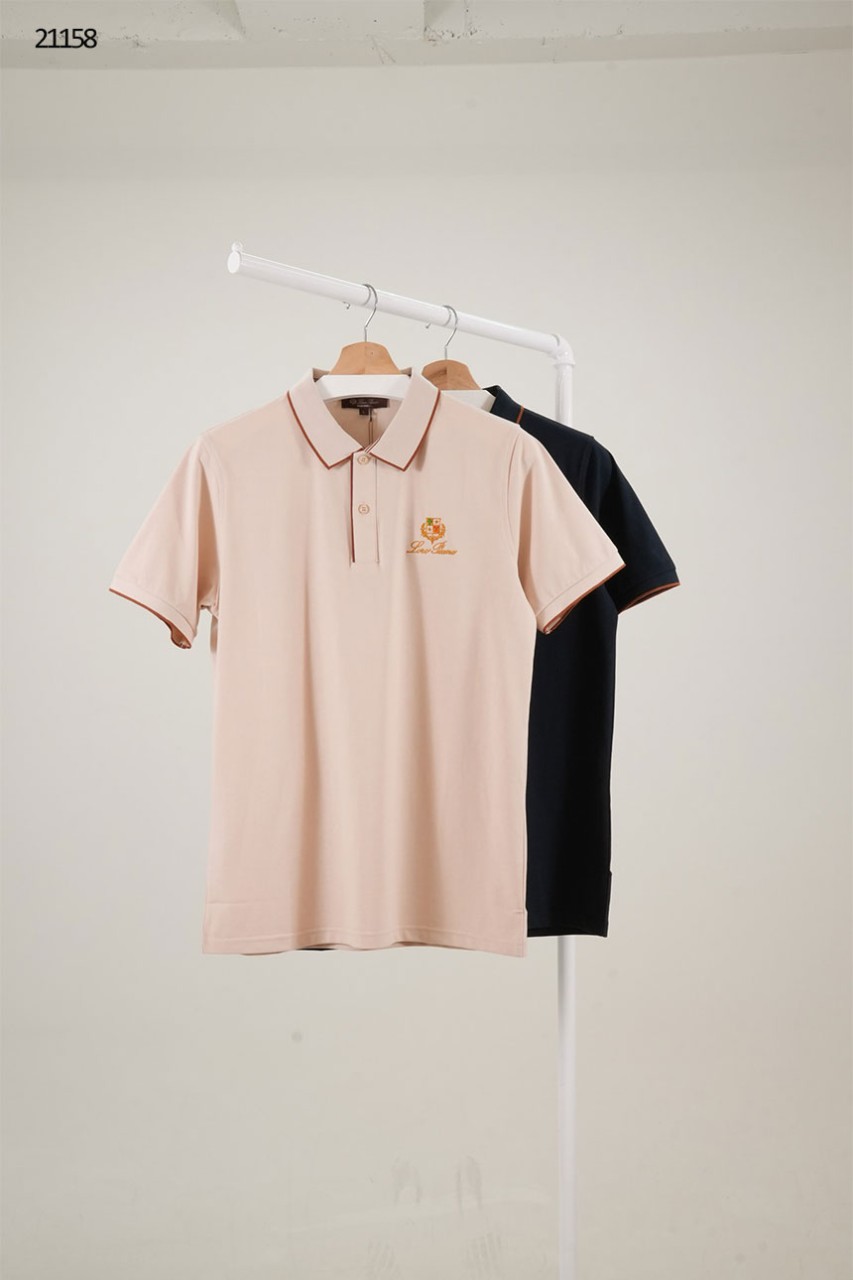 [LORO PIANA] 로로피아나 브라운 라인 헤리티지 금장 자수 카라 반팔 티셔츠