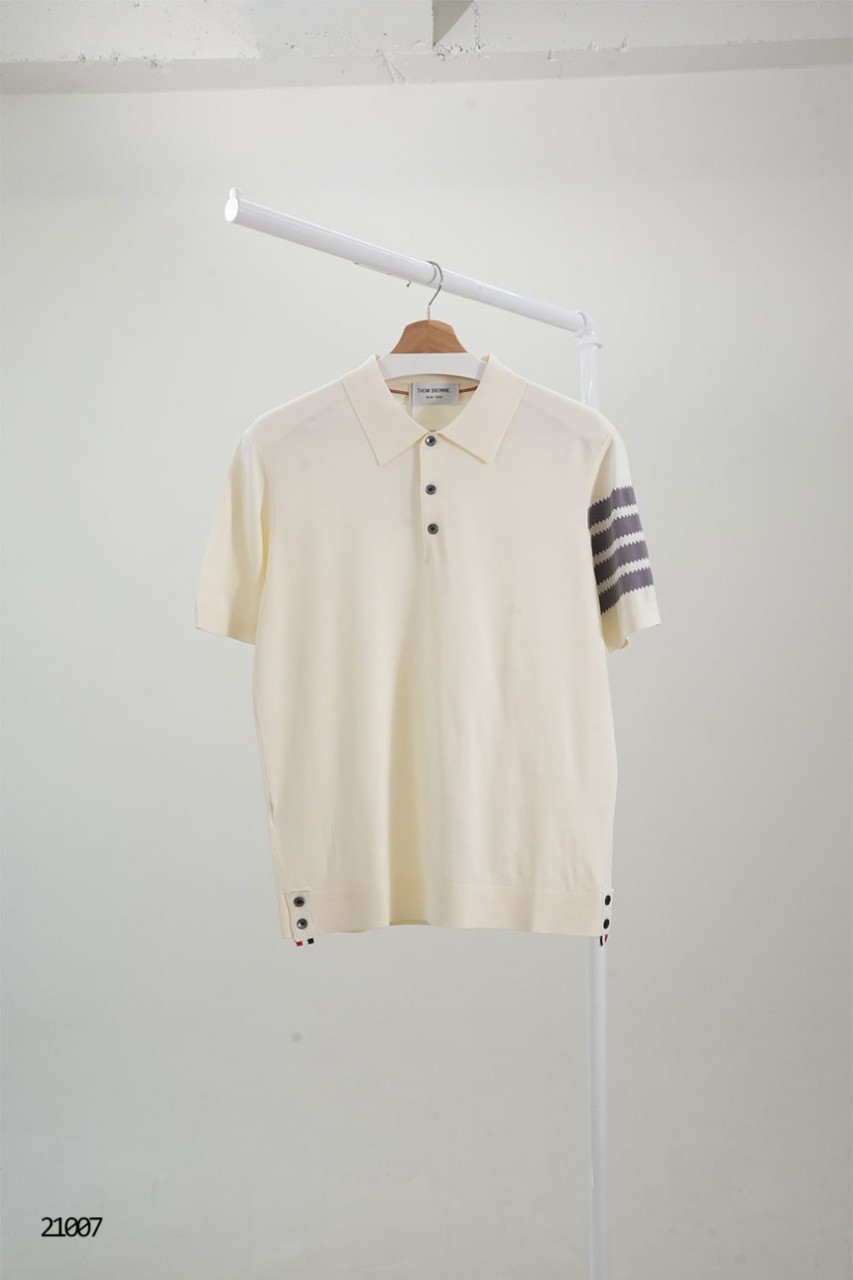 [THOM BROWNE] 톰브라운 자글 디자인 완장 카라 썸머 니트 반팔 티셔츠