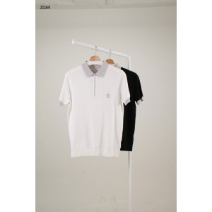 [BRUNELLO CUCINELLI] 브루넬로 쿠치넬리 그레이 포인트 컬러 자수 카라 반팔 티셔츠