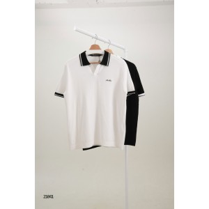 [LORO PIANA] 로로피아나 배색 라인 포인트 썸머 오픈카라 반팔 티셔츠
