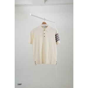 [THOM BROWNE] 톰브라운 자글 디자인 완장 카라 썸머 니트 반팔 티셔츠