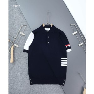 [THOM BROWNE] 톰브라운 밀라노 배색 사선 4바 카라 반팔 니트